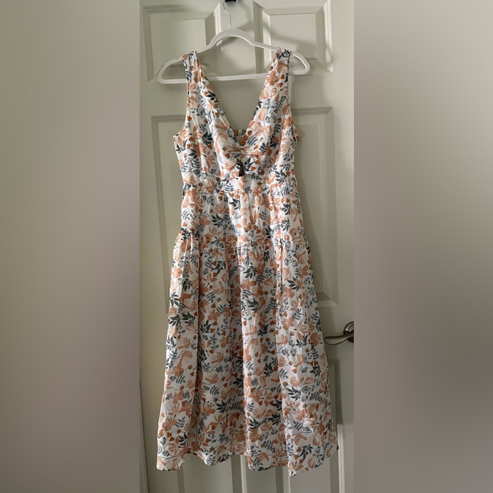 Joie peach/orange Floral Midi Dress w/Cut Out Boho Cottagecore smocked back 8